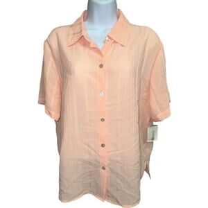 Michele Michelle Medium Top Orange Crepe Vertical Stripes Button Up Short Sleeve